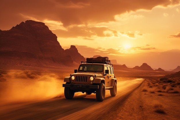 Un jeep conduciendo por el desierto al atardecer