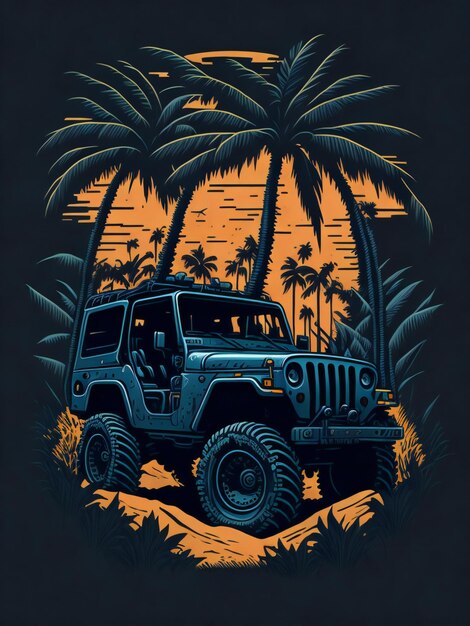 Foto un jeep conduciendo a través de las palmeras al atardecer