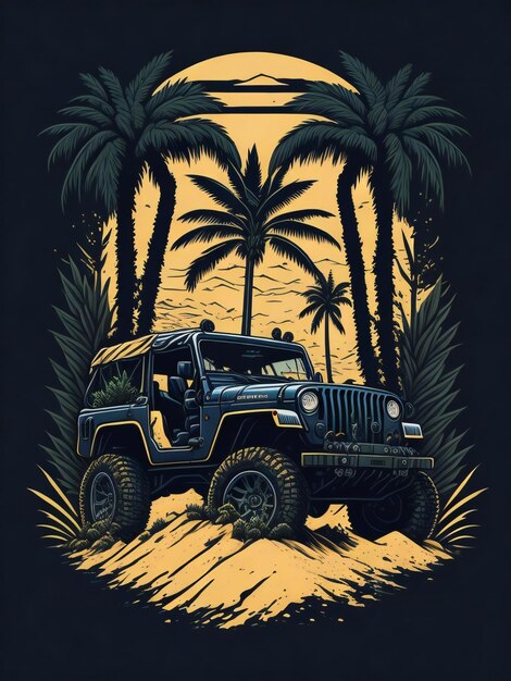 Foto un jeep conduciendo a través de las palmeras al atardecer