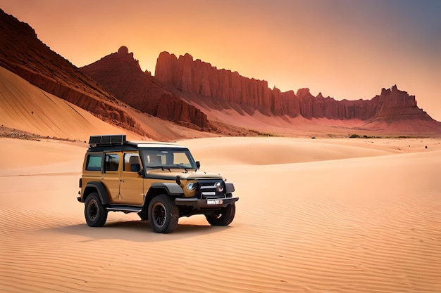 Jeep en el desierto con una puesta de sol en el fondo