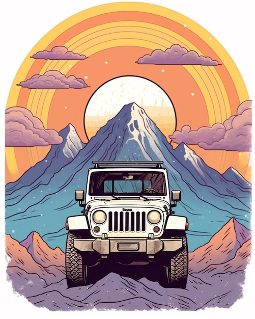 un jeep de dibujos animados conduciendo a través de un desierto con montañas en el fondo generativo ai