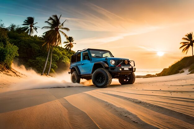 Jeep em uma praia com palmeiras ao fundo