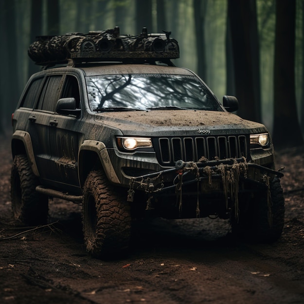 un jeep con los faros encendidos y los faros encendidos.