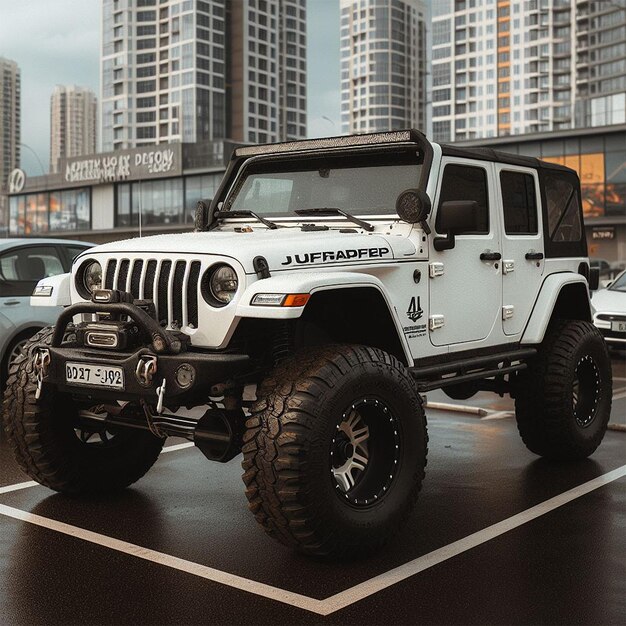 Un jeep fuera de carretera blanco en el estacionamiento