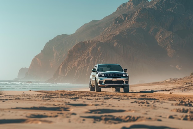 Foto jeep grand cherokee trackhawk na praia de areia de dubai