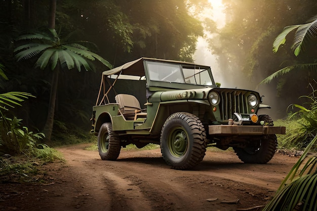 Foto un jeep en la jungla con la palabra jeep al frente