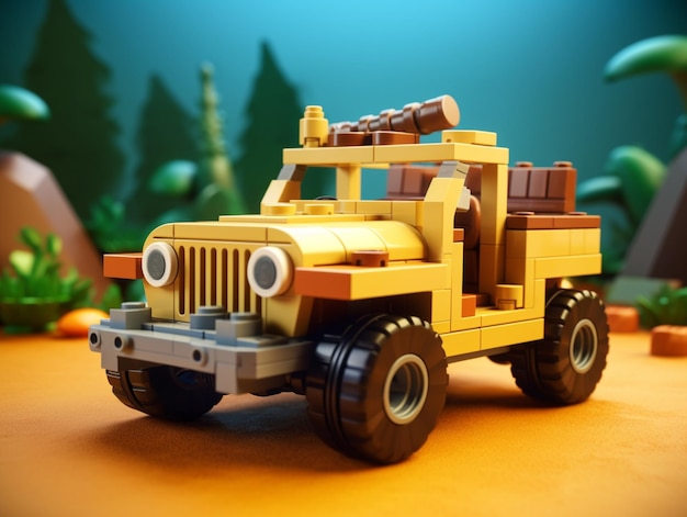 Un jeep de lego con un jeep en la parte delantera.