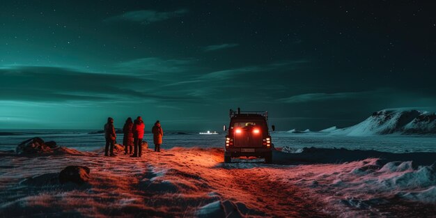 Foto un jeep con las luces encendidas está conduciendo en una carretera nevada