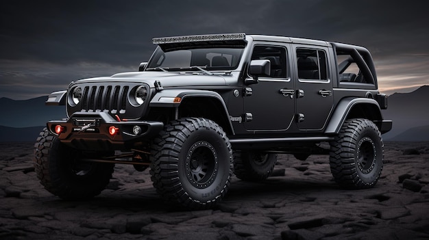 El Jeep más poderoso para el recorrido a las montañas y las áreas de ironía en fondo blanco papel tapiz de jeep