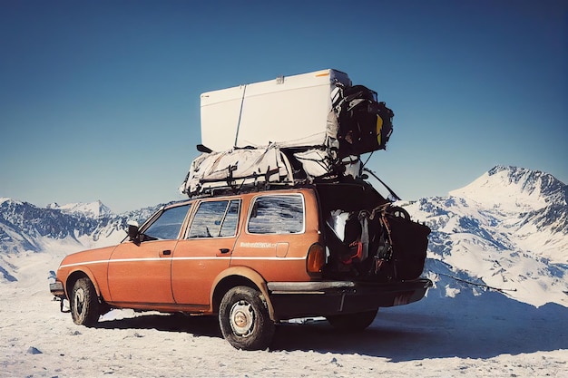 Jeep mit Koffern auf dem Autodach fuhr hoch in die Berge zwischen Schnee