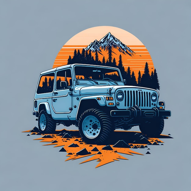 Un jeep con una montaña al fondo.