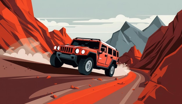 Un jeep naranja conduce por las montañas.