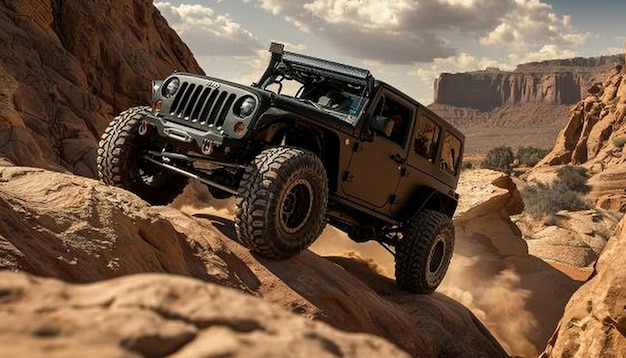 Jeep negro escalando en una roca