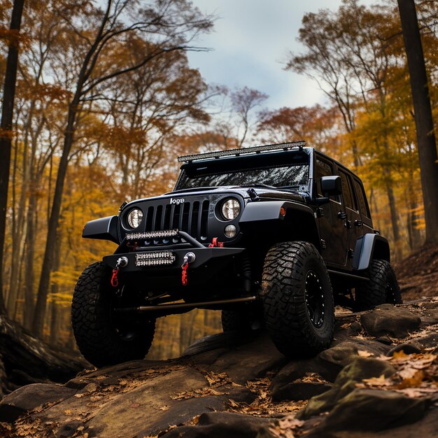Foto un jeep negro con neumáticos monstruosos subiendo una pared de rocas solo un sendero en el bosque