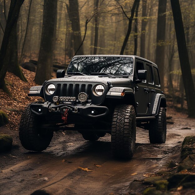 Foto un jeep negro subiendo a las rocas