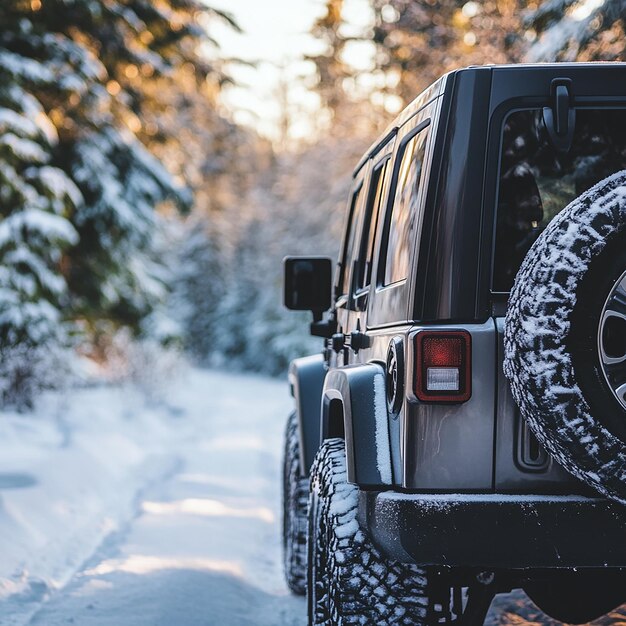 un jeep con nieve en el techo y un neumático en la parte de atrás