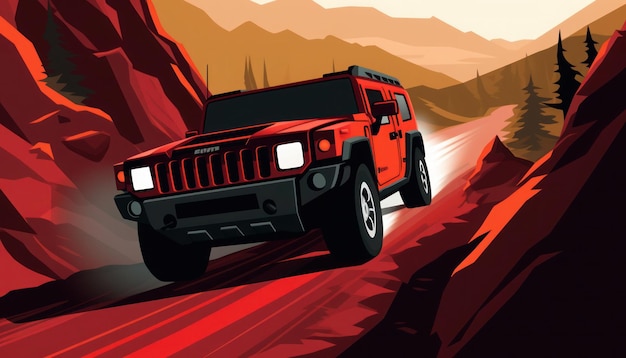 Un jeep rojo conduce por una carretera de montaña.