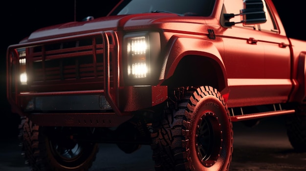 Un jeep rojo conduce en una escena oscura.