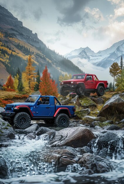 Foto un jeep rojo está estacionado frente a un arroyo de montaña