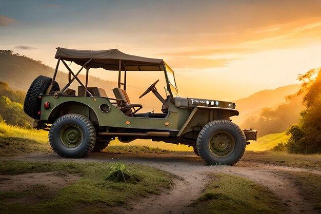 Foto jeep por un sendero con un atardecer de fondo