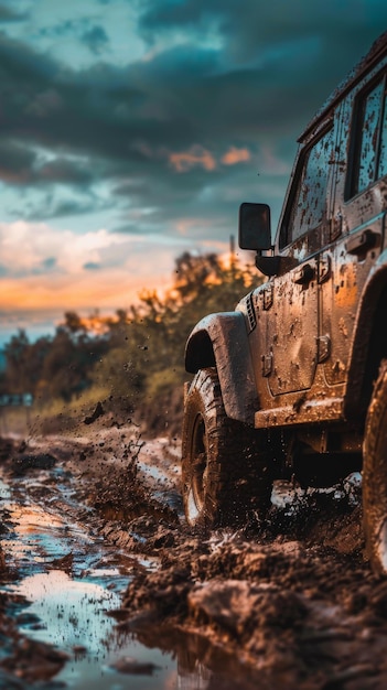 Foto jeep spritzt durch eine wasserpfütze