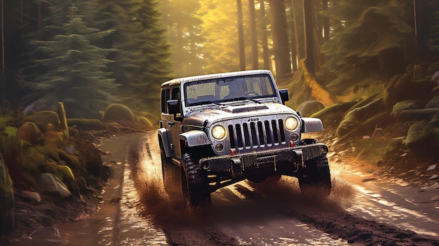 Foto un jeep wrangler conduce a través de un bosque con la palabra jeep en el frente.