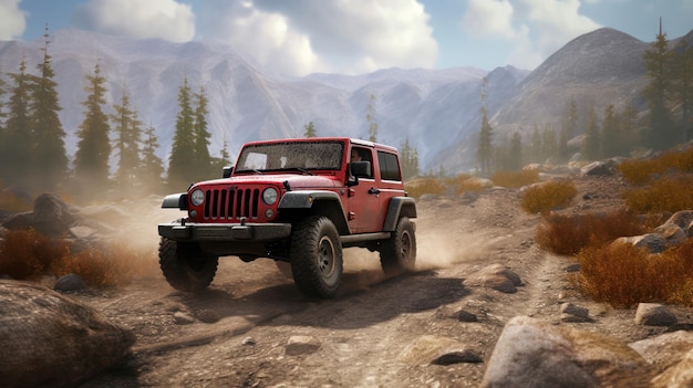 Un jeep wrangler conduciendo por un terreno rocoso.