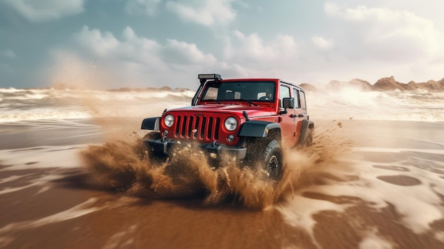 Un jeep wrangler rojo conduciendo por la arena con la palabra jeep en la parte delantera.