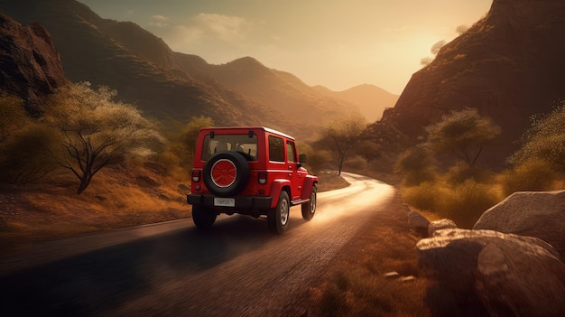 Un jeep wrangler rojo conduciendo por una carretera con montañas al fondo.