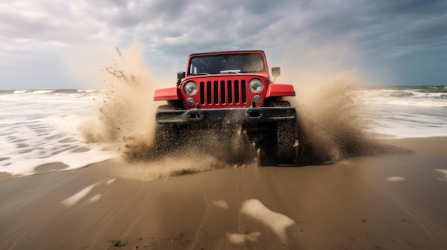 Un jeep wrangler rojo con la palabra jeep en el frente.