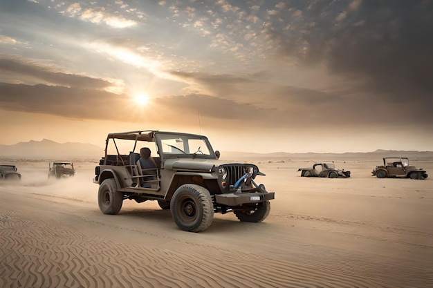 Foto jeeps conduciendo en el desierto al atardecer