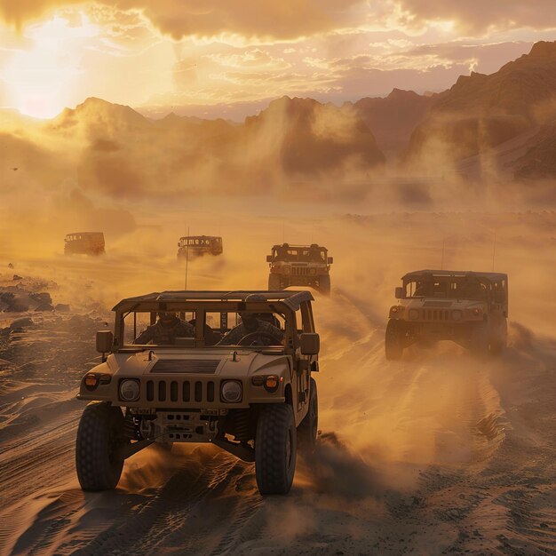 Foto los jeeps están conduciendo a través de la tormenta de arena y polvo