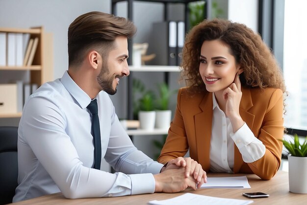 Jefa sonriente coqueteando con una empleada en el lugar de trabajo acoso sexual