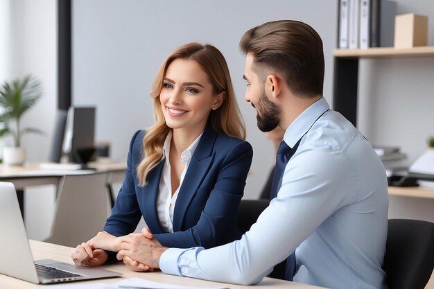 Jefa sonriente coqueteando con una empleada en el lugar de trabajo acoso sexual