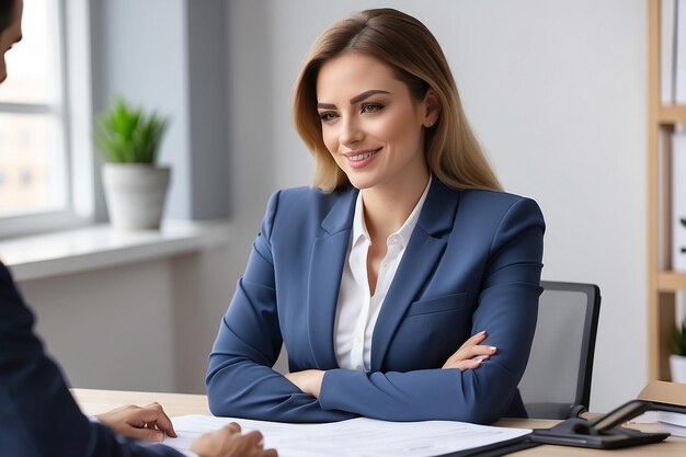 Jefa sonriente coqueteando con una empleada en el lugar de trabajo acoso sexual