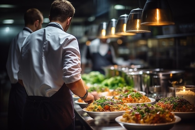 Jefe de chef desde atrás comprobando la preparación de la comida