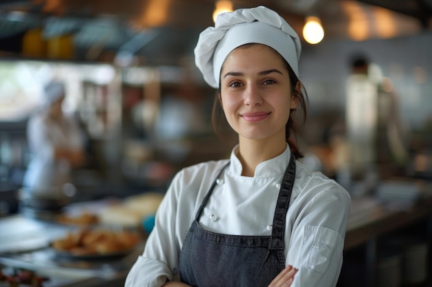 Jefe de cocina joven y segura en la cocina moderna