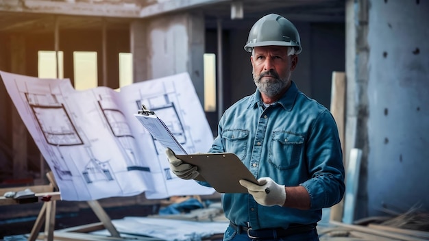 Jefe de equipo con borradores del proyecto