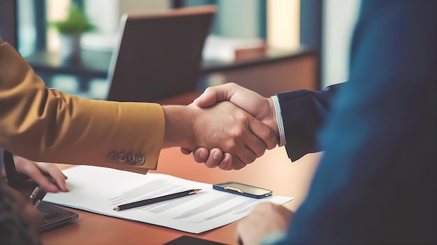 El jefe estrecha la mano y da la bienvenida a un nuevo empleado a la empresa con un pedazo de papel de un contrato de trabajo en la oficina