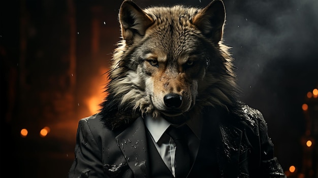 Jefe lobo en traje de negocios sobre fondo oscuro concepto de negociación de acciones y gestión de empresas