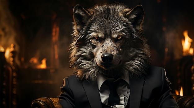 Foto jefe lobo en traje de negocios sobre fondo oscuro concepto de negociación de acciones y gestión de empresas