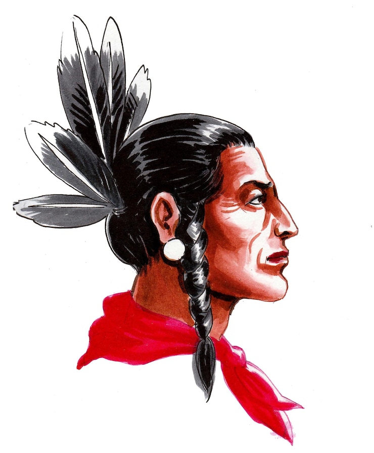 Foto jefe nativo americano. dibujo a tinta y acuarela