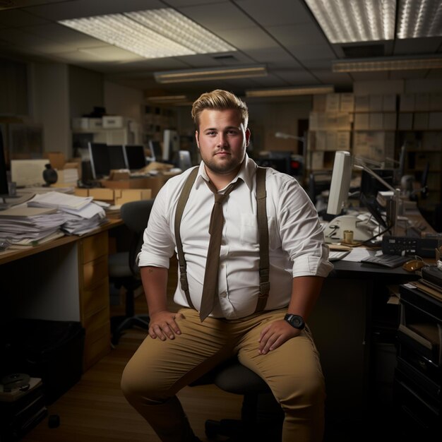 Un jefe obeso sentado con pantalones de trabajo y corbata sostenida por correas