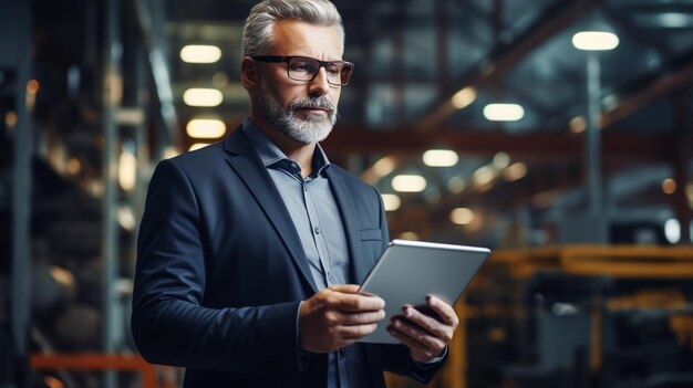 El jefe del proyecto sostiene la computadora portátil y discute los detalles del producto con el ingeniero jefe mientras caminan por la fábrica moderna