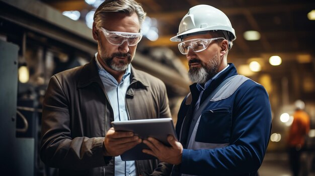 Foto el jefe del proyecto sostiene la computadora portátil y discute los detalles del producto con el ingeniero jefe mientras caminan por la fábrica moderna