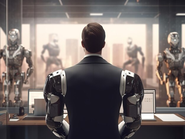 jefe de robot de pie junto a los empleados trabajo de wall street concepto de trabajo futuro generado por ai