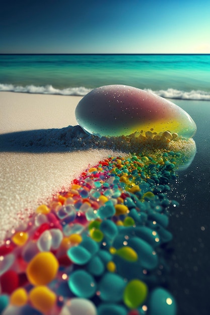 Jelly sentado em cima de uma praia de areia ao lado do oceano generative ai