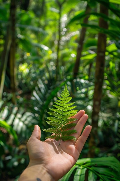 jemand, der ein Farnblatt in der Hand hält, in einem Wald