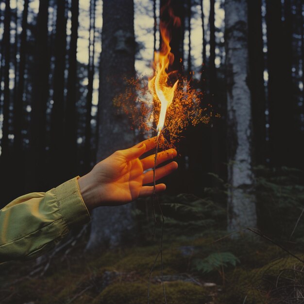 jemand, der ein kleines Feuer in der Hand hält, in einem Wald