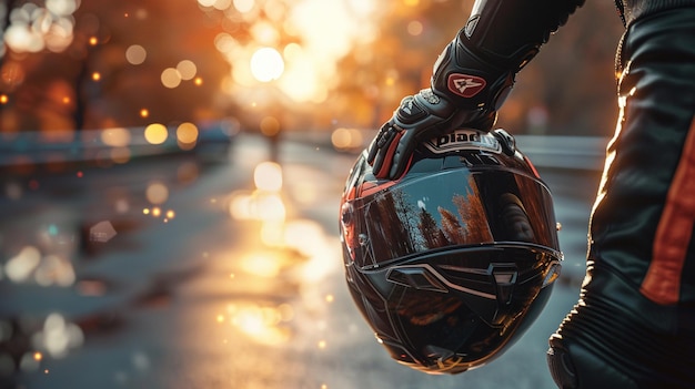 Foto jemand, der einen helm und handschuhe trägt, geht die straße hinunter